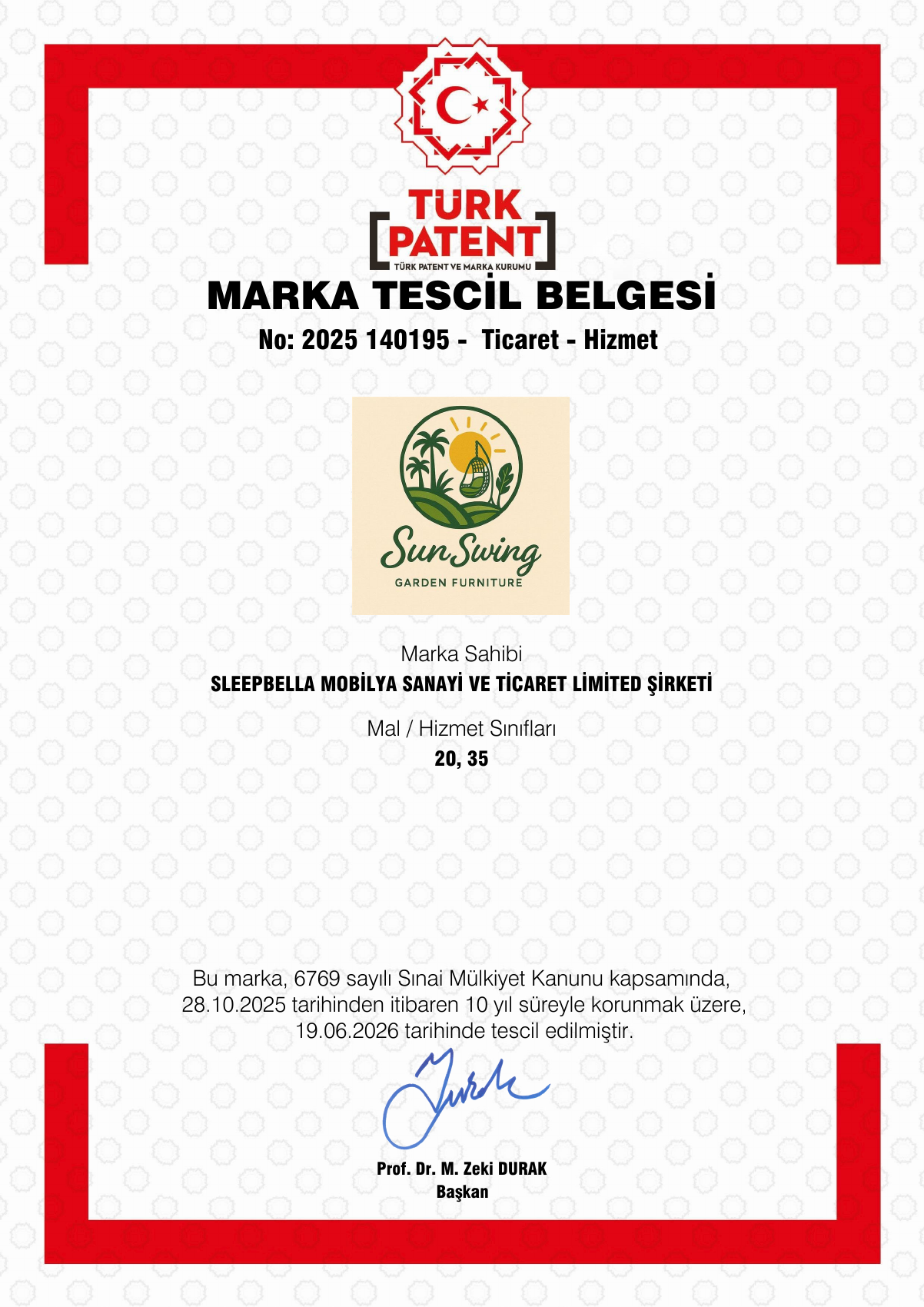 SunSwing Garden Furniture marka tescil belgesi, ikinci sayfa